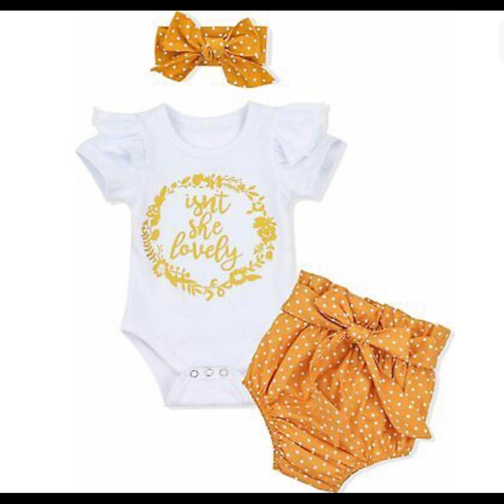 Cotton "ISN'T SHE LOVELY?" Baby Girl Clothes Romper Short Headband 3pcs Outfit